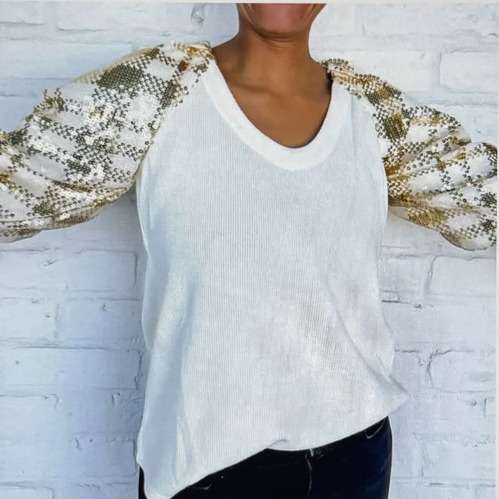 THML Anthropologie Pure Love Cream Top Shirt Sequin Puff Sleeve Gold